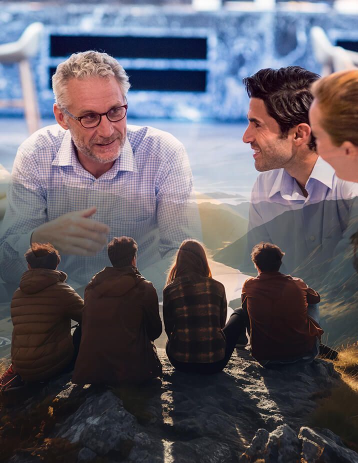 Group of people in discussion, overlaid with a group looking at a mountain vista.
