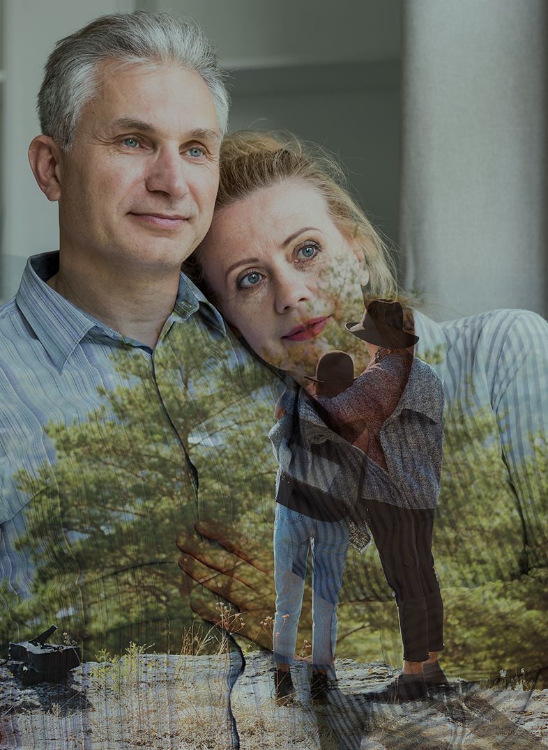 Man and woman embracing, a photo of a couple overlaid on their bodies; trees and a couple hugging are also overlaid.