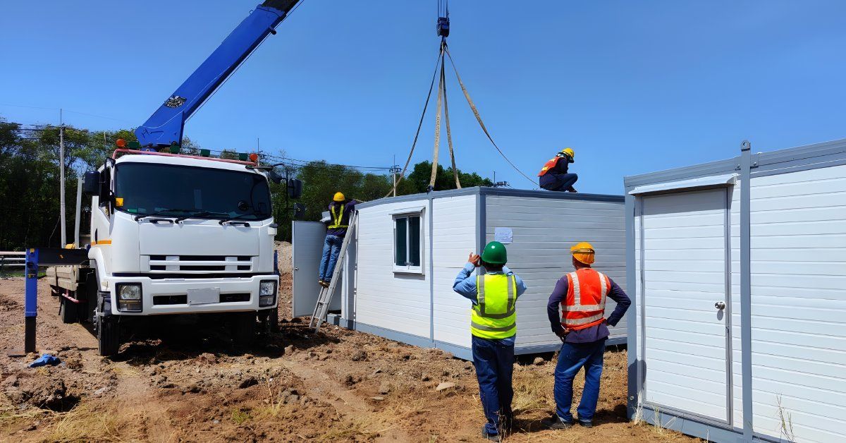 Two people wearing hard hats and high visibility vests watch as a crane lowers a modular office building onto the ground.