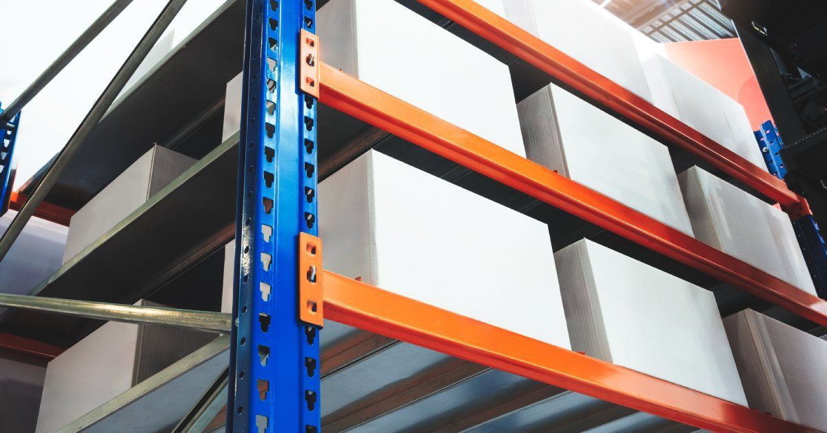 A blue and orange steel shelving unit. There are several white boxes stacked on the shelves of the unit.