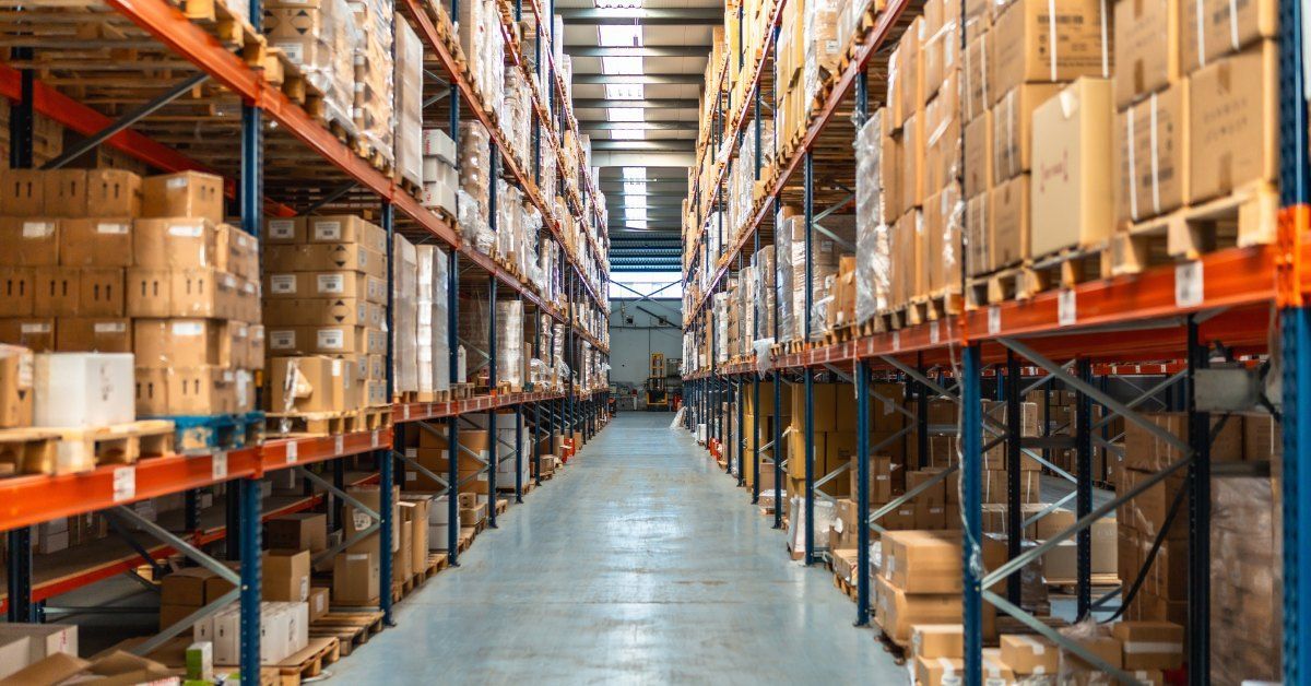 An interior view of a warehouse that has a long row of tall shelves containing cardboard boxes.