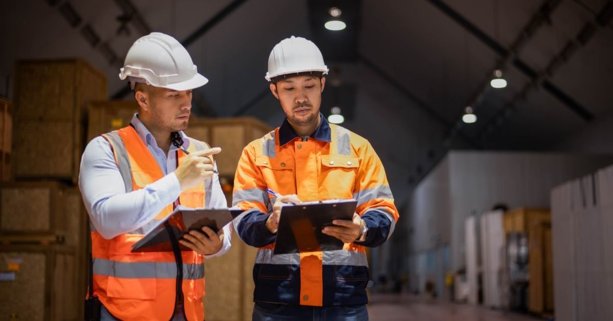 Warehouse inspectors look at clipboards in a facility. Both are wearing safety gear, including vests