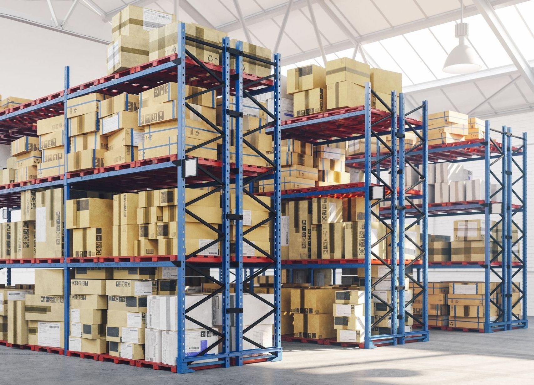 A large warehouse filled with lots of boxes on shelves.