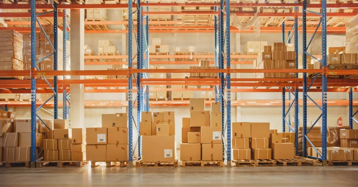 A single row of a pallet rack shelving unit in a bright retail warehouse. Shelves are lined with cardboard boxes.