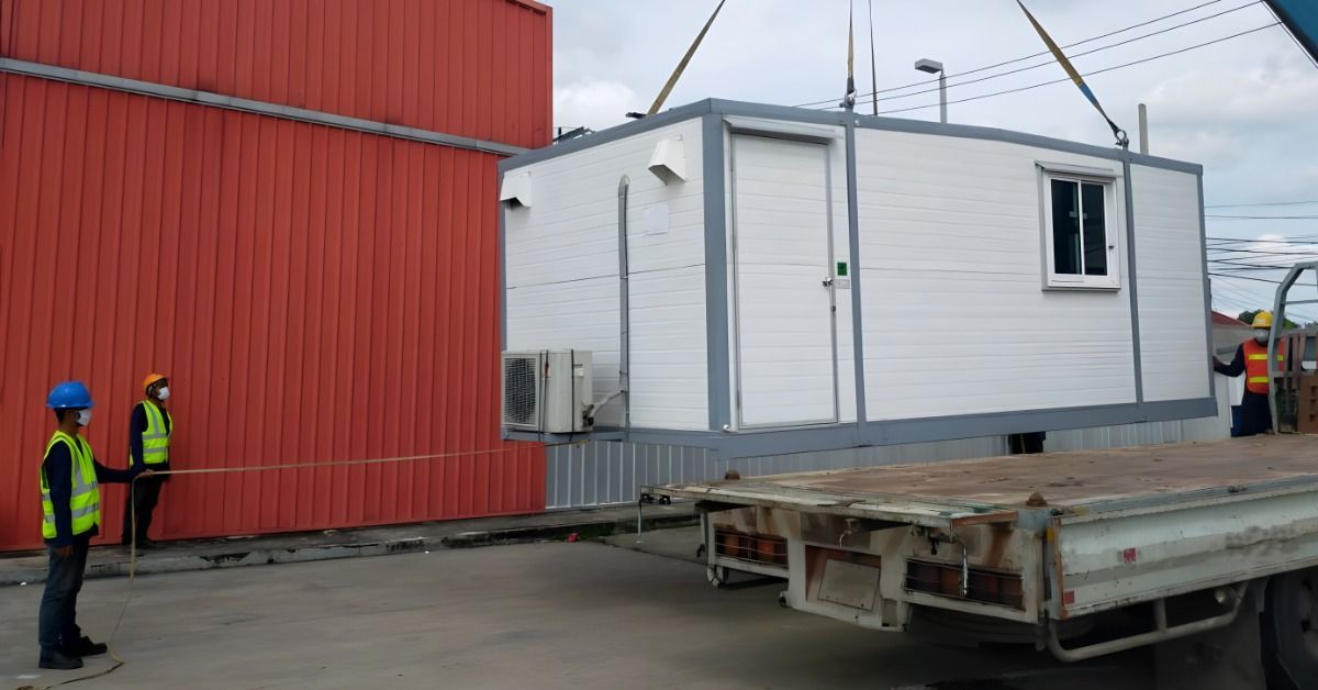 A white modular office being lowered onto a slab with crane straps around it. There are two workers standing at the bottom.