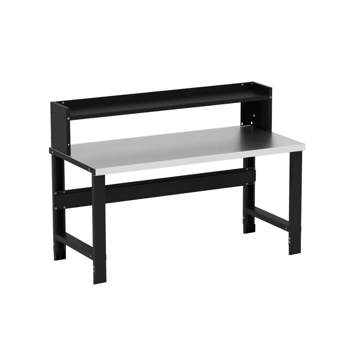 A black and white desk with a shelf on top of it.