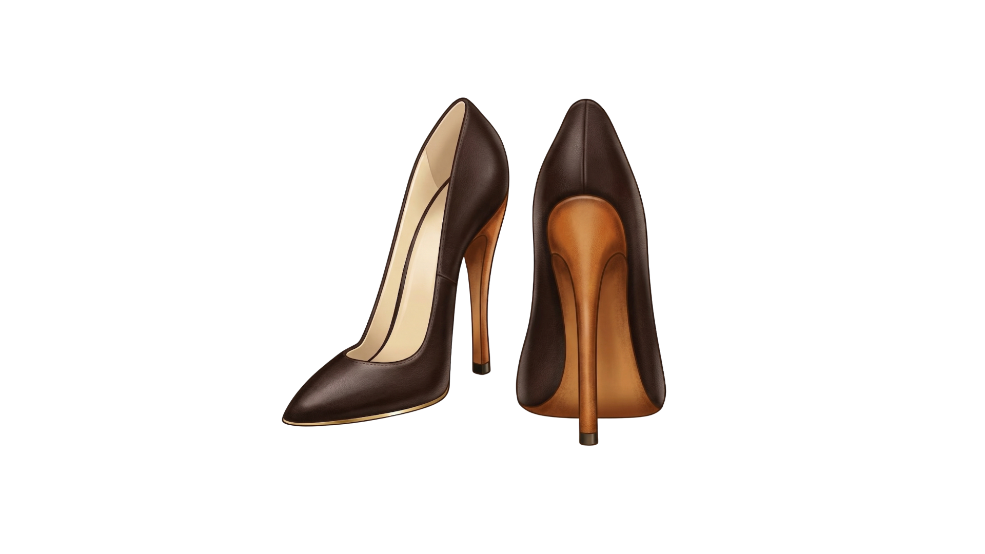 A side and back view of a pair of dark brown high-heeled pumps with light wood-colored heels.