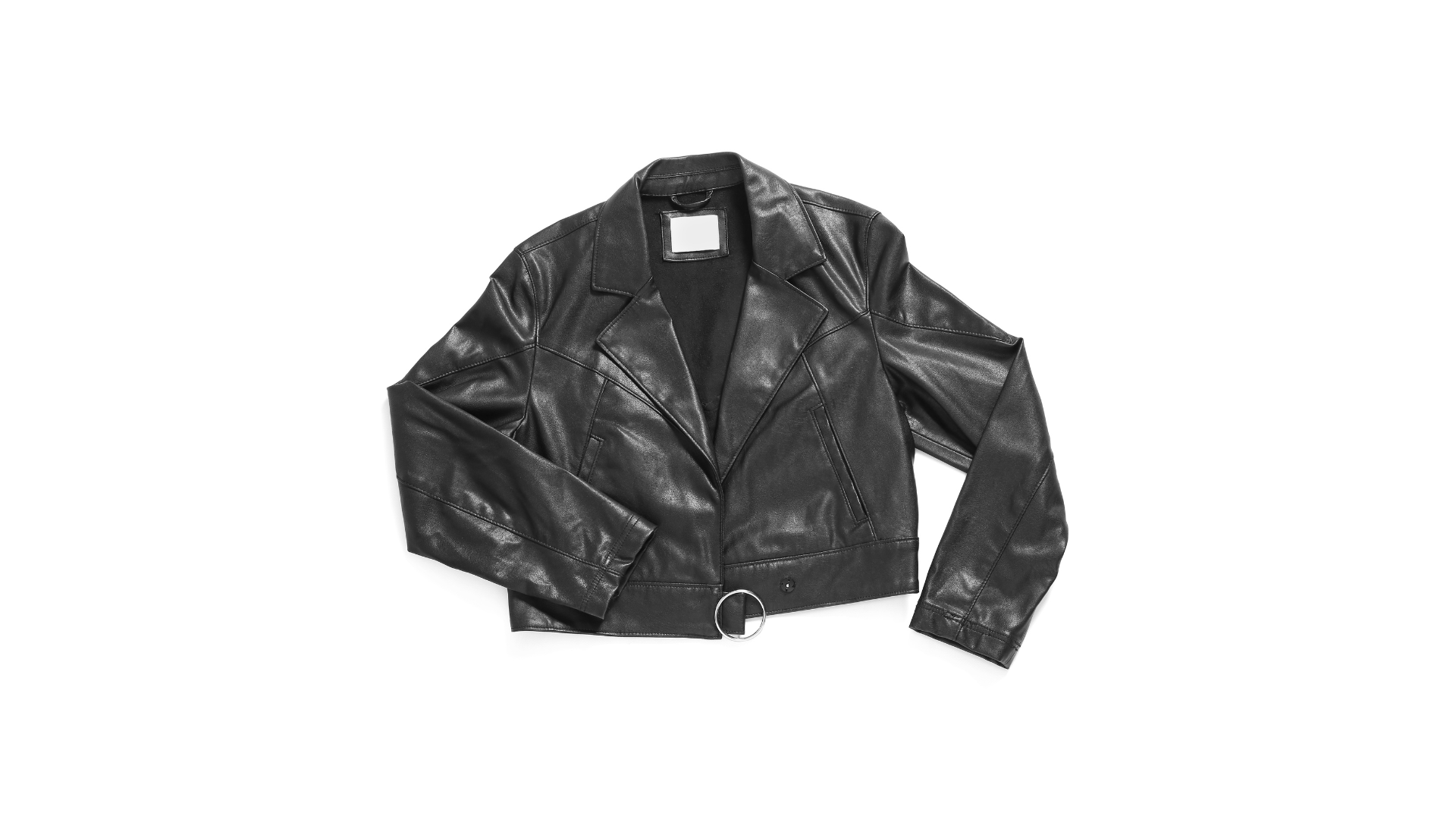 A black leather cropped jacket with a wide collar and a circular silver belt buckle detail at the hem.