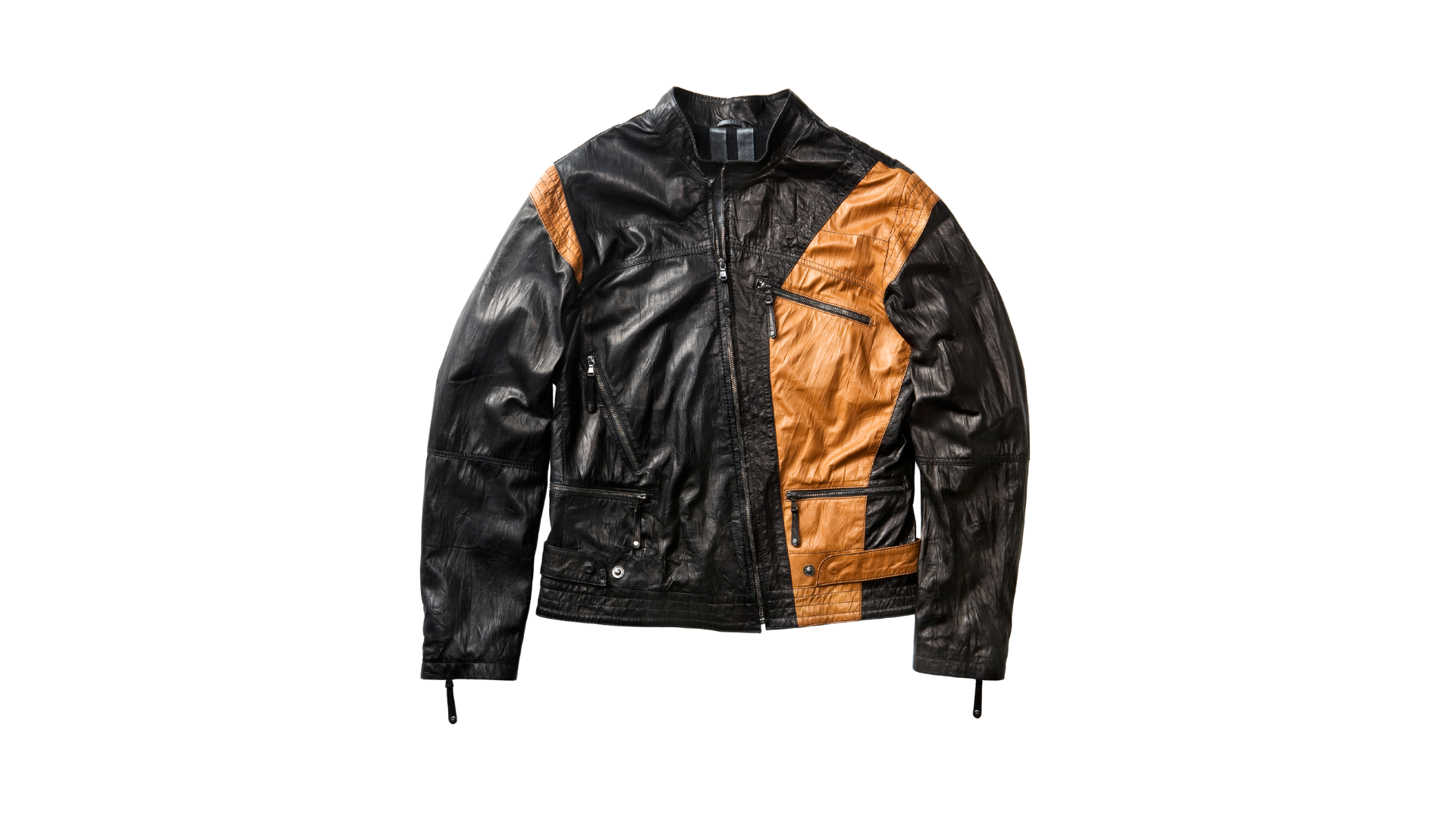 Black leather motorcycle jacket featuring an asymmetrical tan panel on the front left with zippered pockets and a strap.