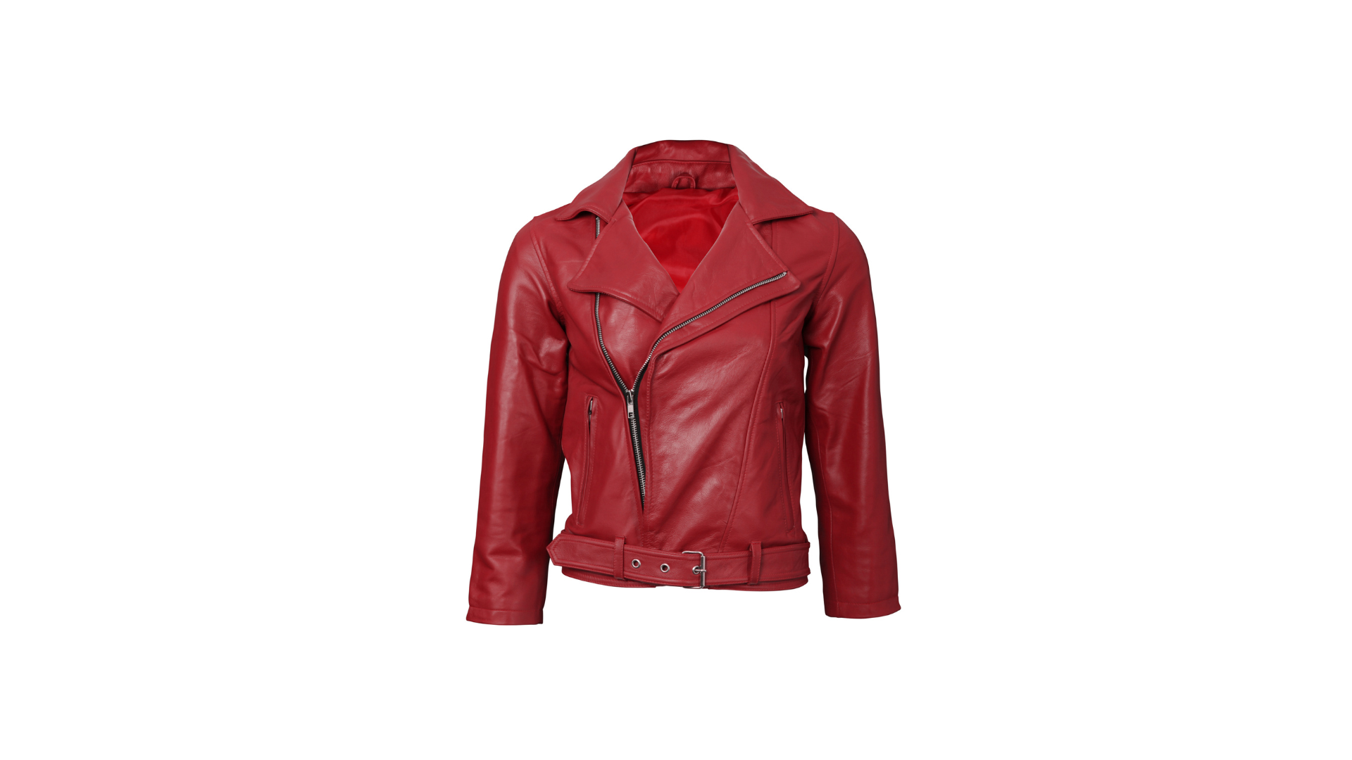 A red leather motorcycle jacket with a belted waist and an asymmetrical zipper closure, isolated against a white background.