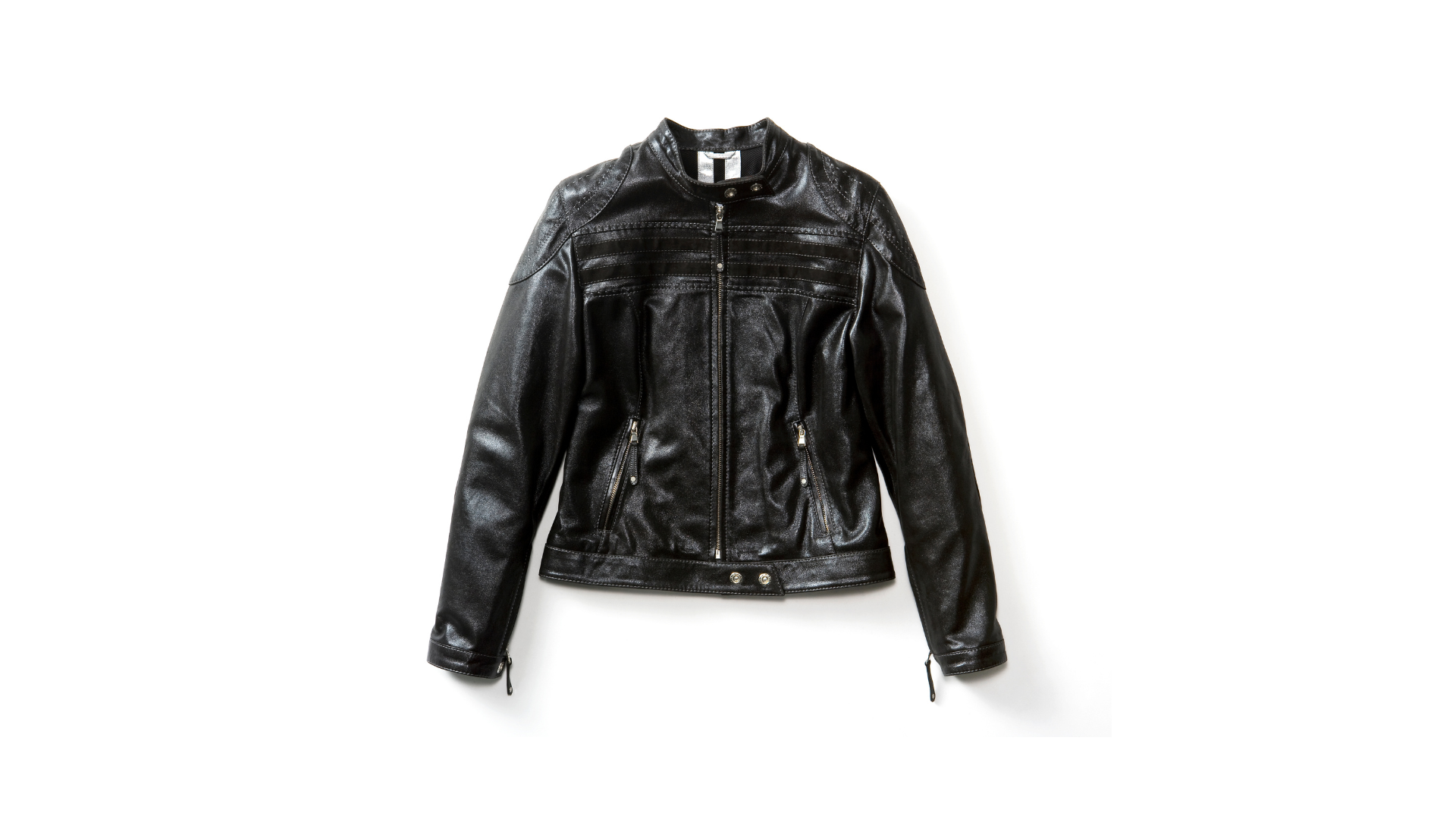 A black, long-sleeved, zip-up leather motorcycle-style jacket against a white background.