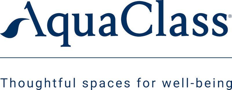 The aqua class logo is blue and white and says thoughtful spaces for well-being.