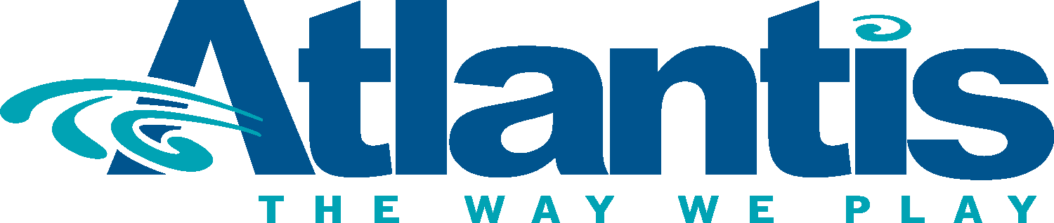 A blue and white logo for atlantis the way we play