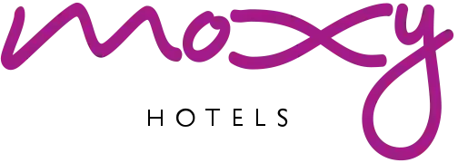 The logo for moxy hotels is purple and white.