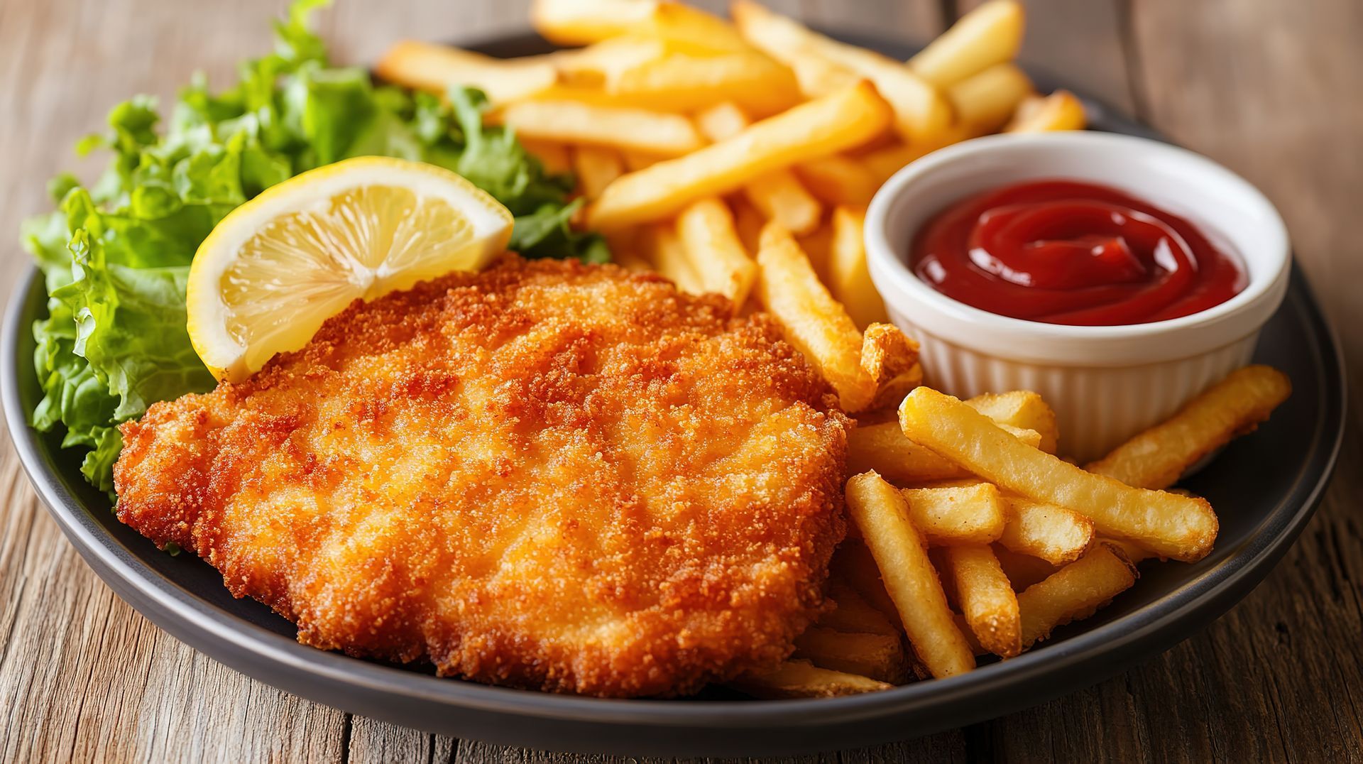 Teller mit Schnitzel, Pommes, Ketchup, Zitrone und Salat.