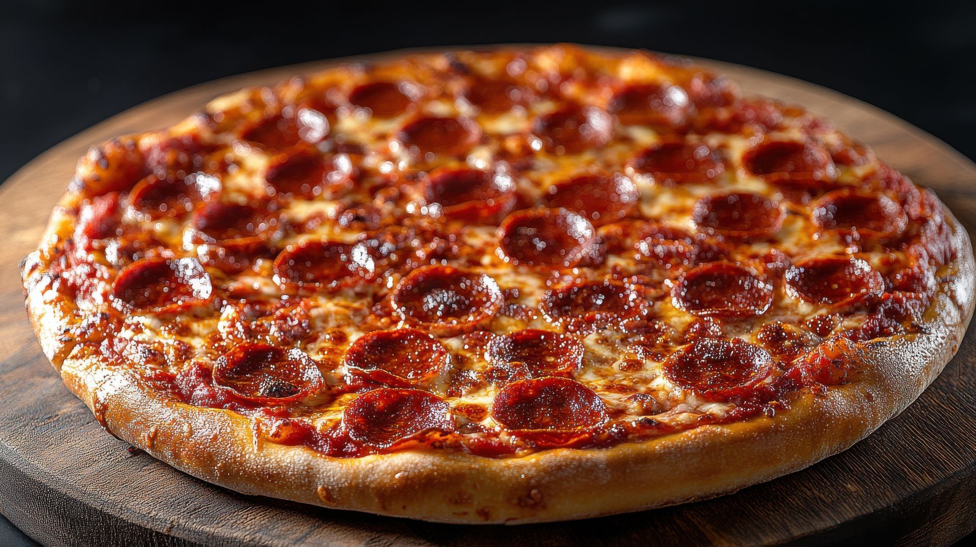 Peperoni-Pizza auf einem Holzbrett, runder, goldbrauner Rand und rote Peperoni.