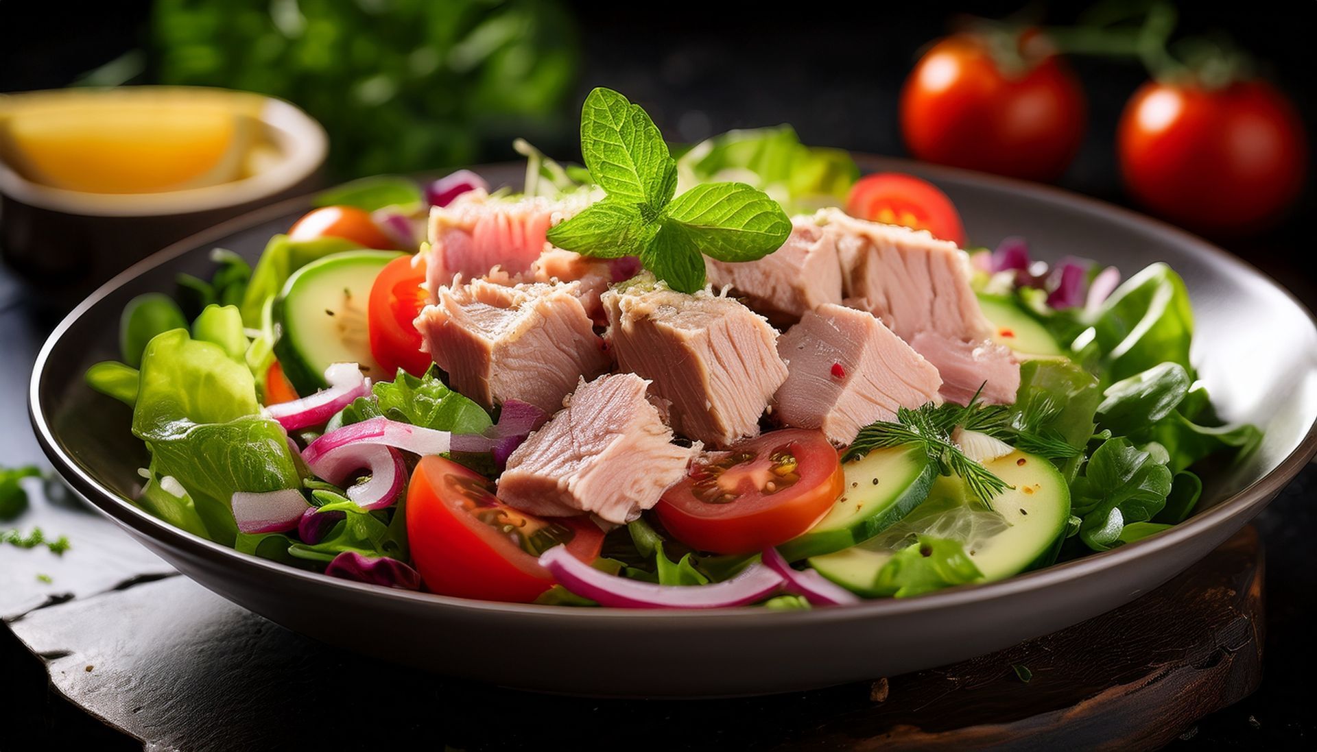 Thunfischsalat mit Tomaten, Gurken, roten Zwiebeln und Salat auf einem dunklen Teller. Minzgarnitur.