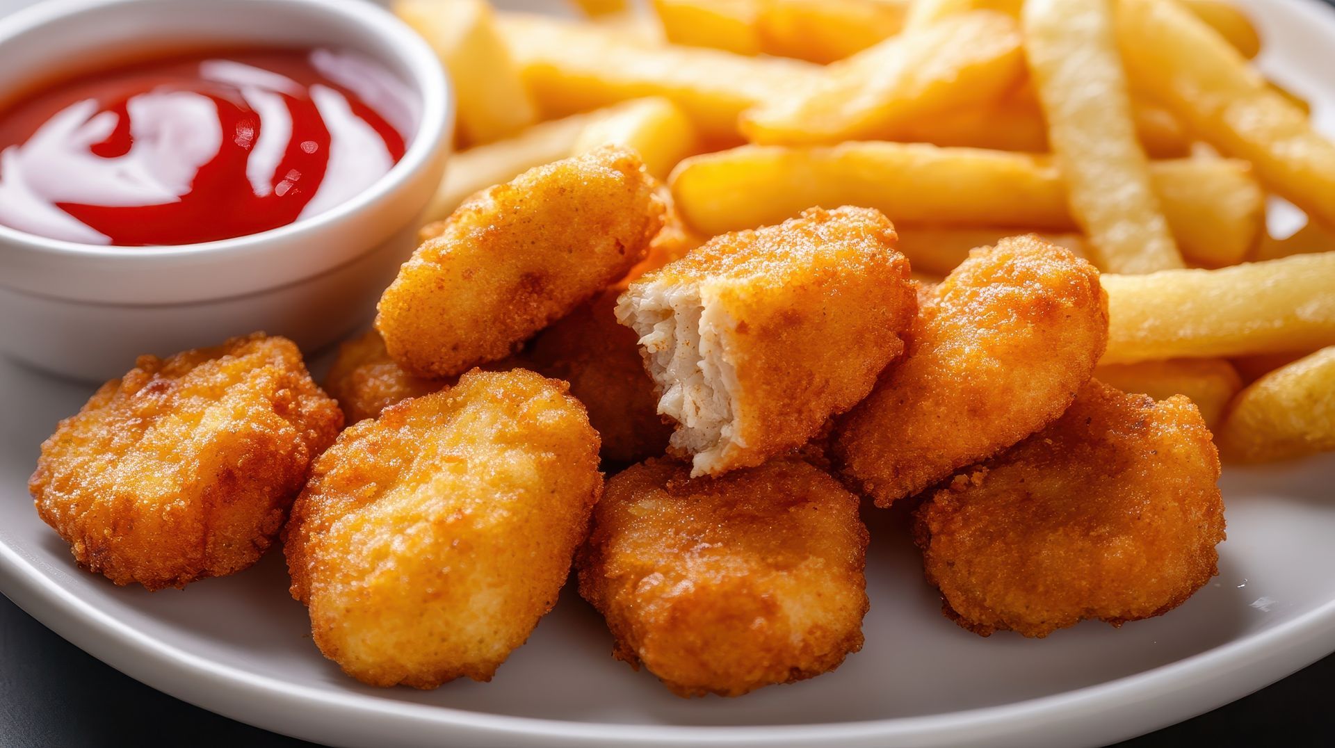 Chicken Nuggets, Pommes und Ketchup auf einem weißen Teller.