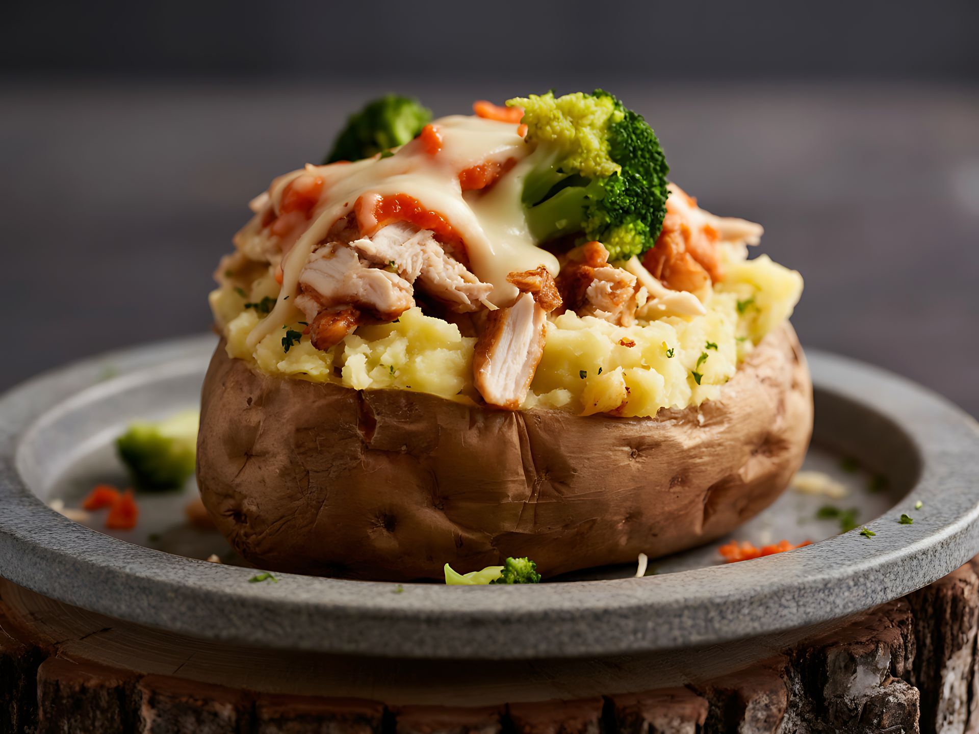 Ofenkartoffel mit Kartoffelpüree, Hühnchen, Brokkoli, Käse und geraspelten Karotten auf einem rustikalen Teller.