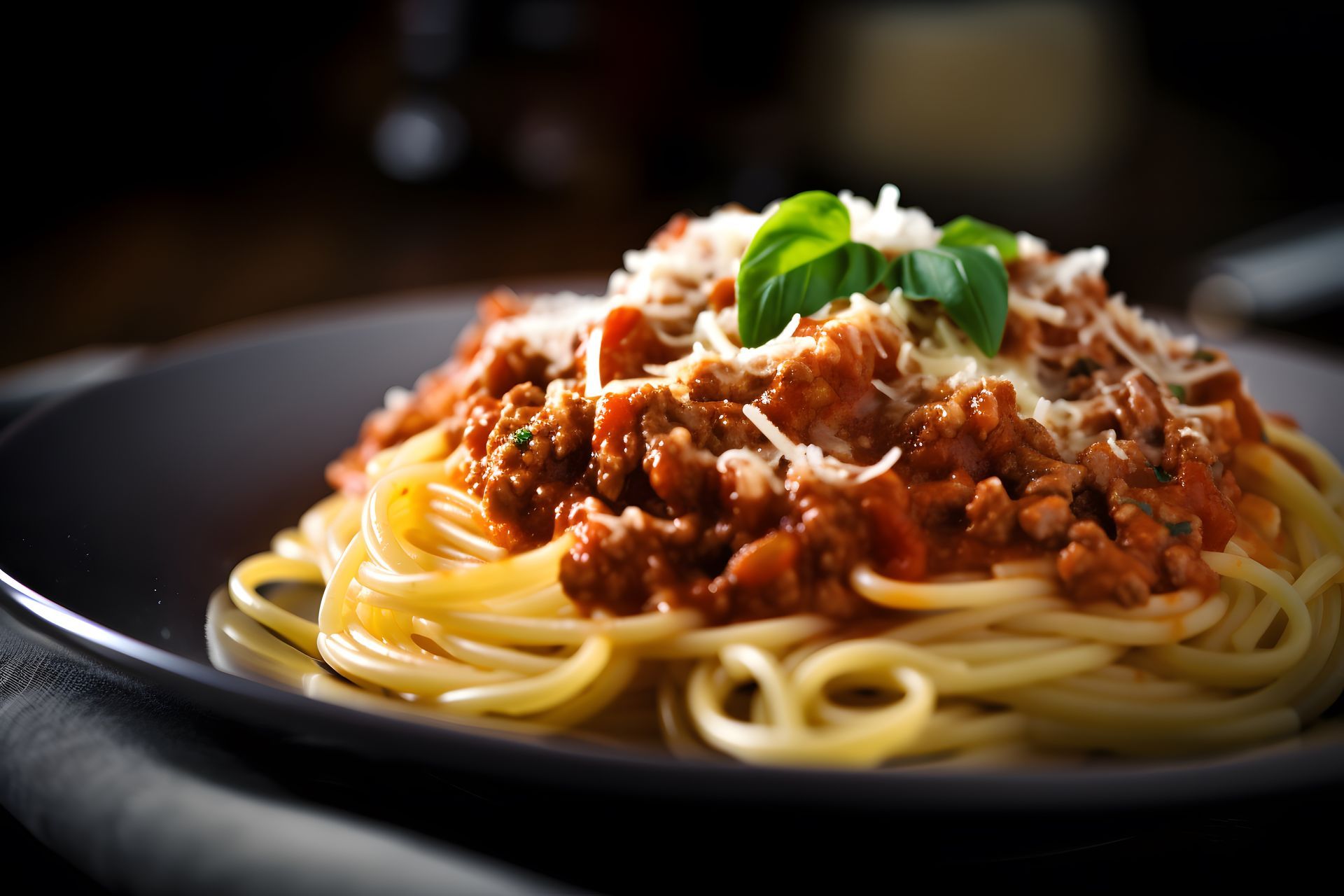 Spaghetti mit Fleischsoße, garniert mit geriebenem Käse und Basilikum, auf einem dunklen Teller.