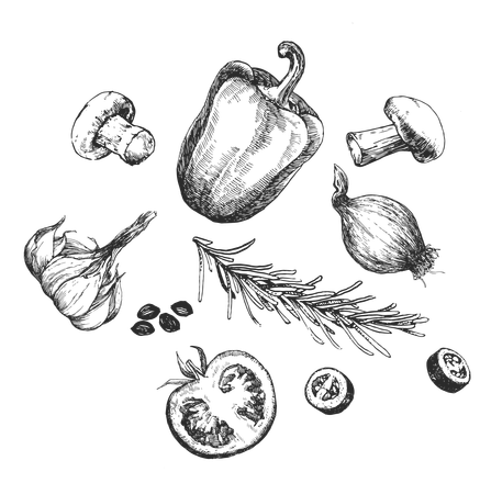 Federzeichnung von Gemüse und Kräutern: Paprika, Pilze, Knoblauch, Zwiebeln, Rosmarin, Tomaten und Samen.