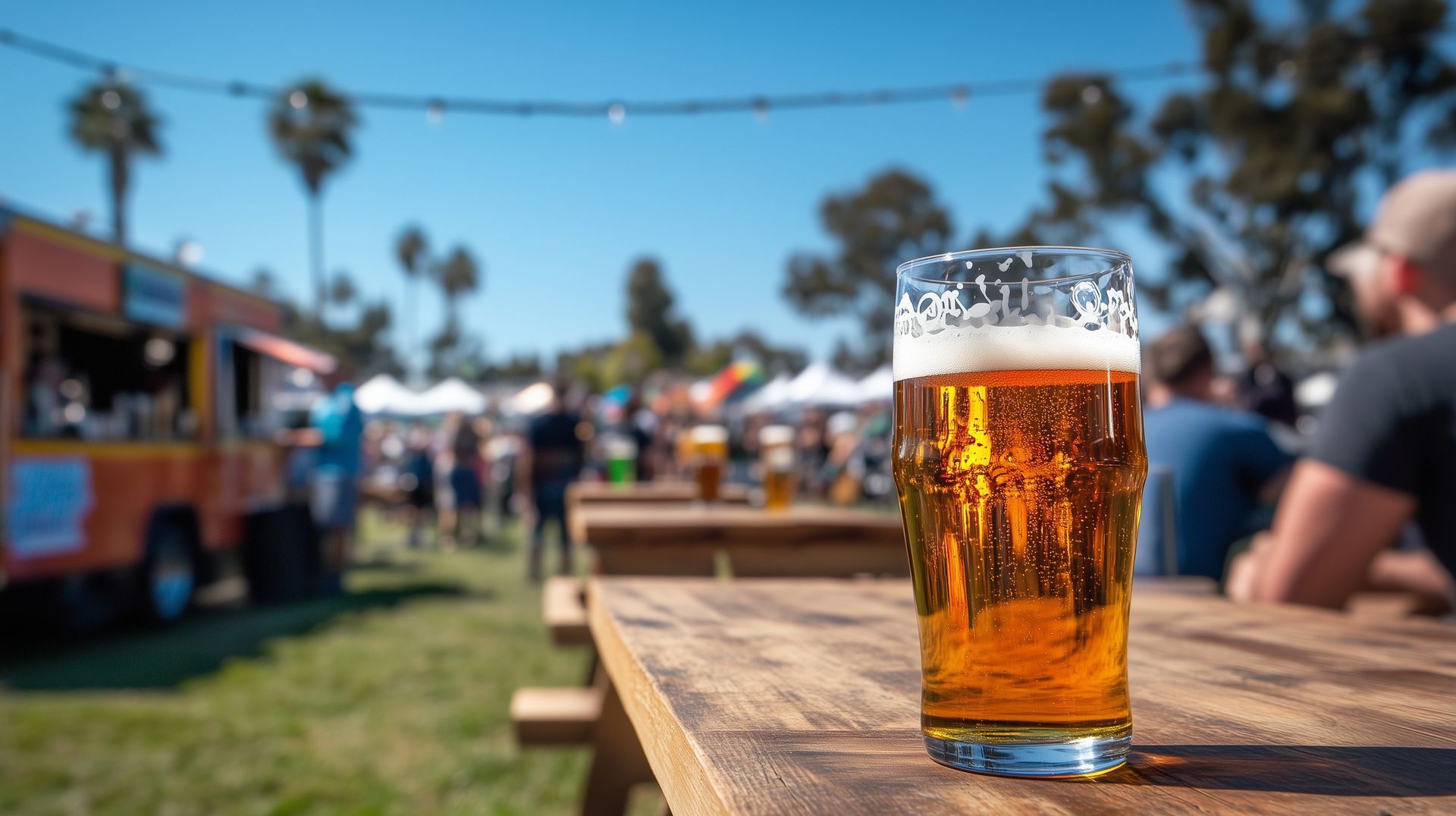 Glass of beer on a wooden table at an outdoor festival with food trucks and people in the background.