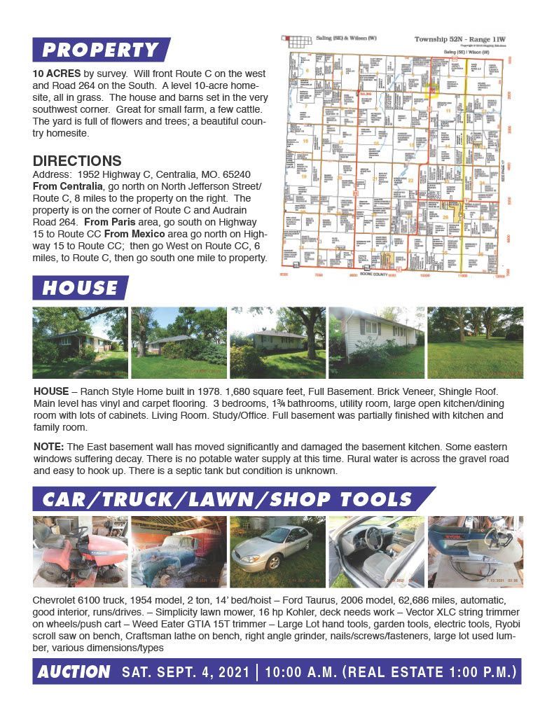 A flyer for a real estate auction shows a house , car , truck , lawn , and shop tools.