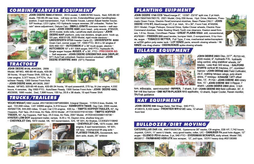 Two pages of a brochure titled combine harvest equipment
