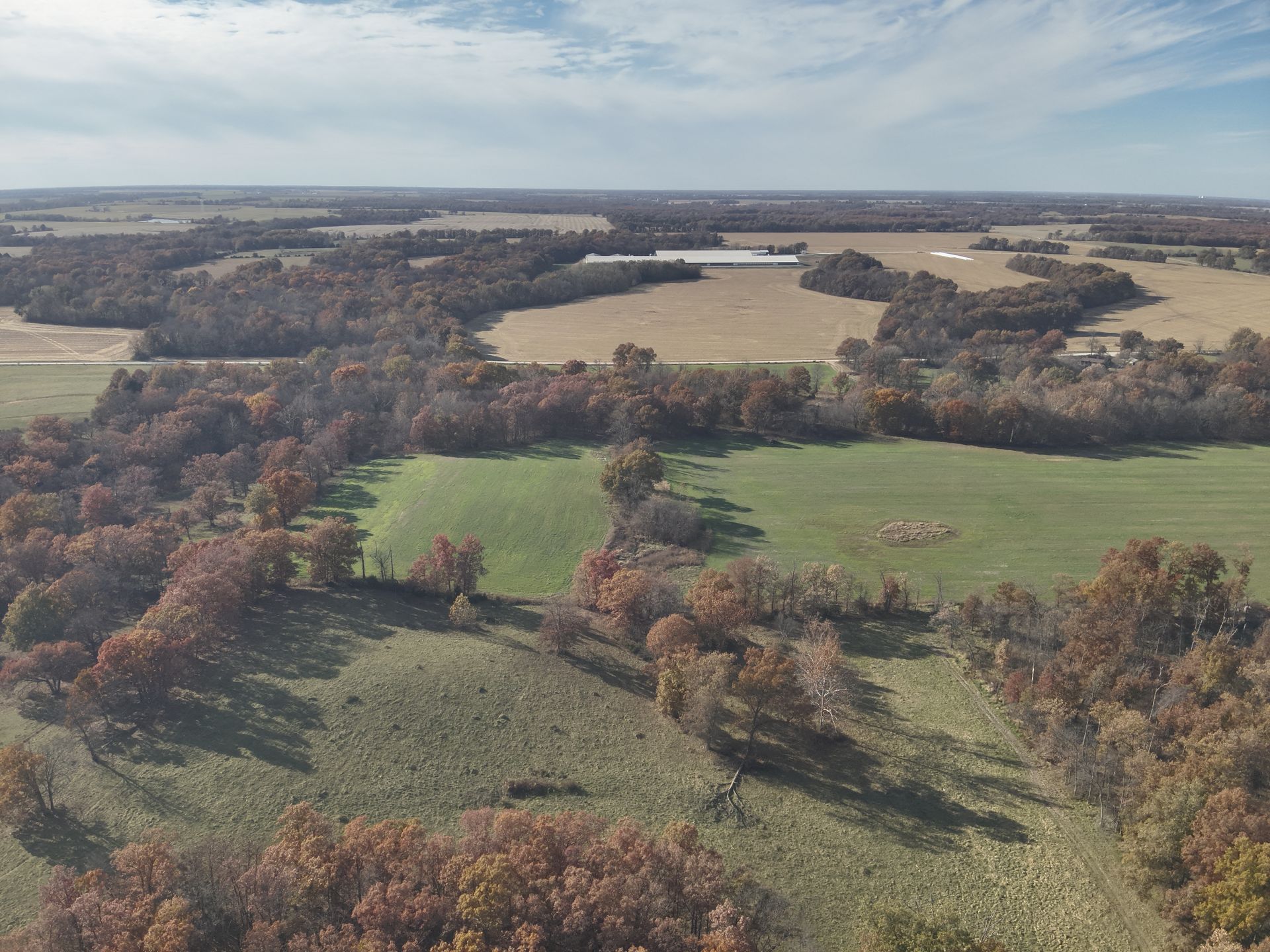 Aerial view of farmland with green fields, trees, and cloudy sky in fall.