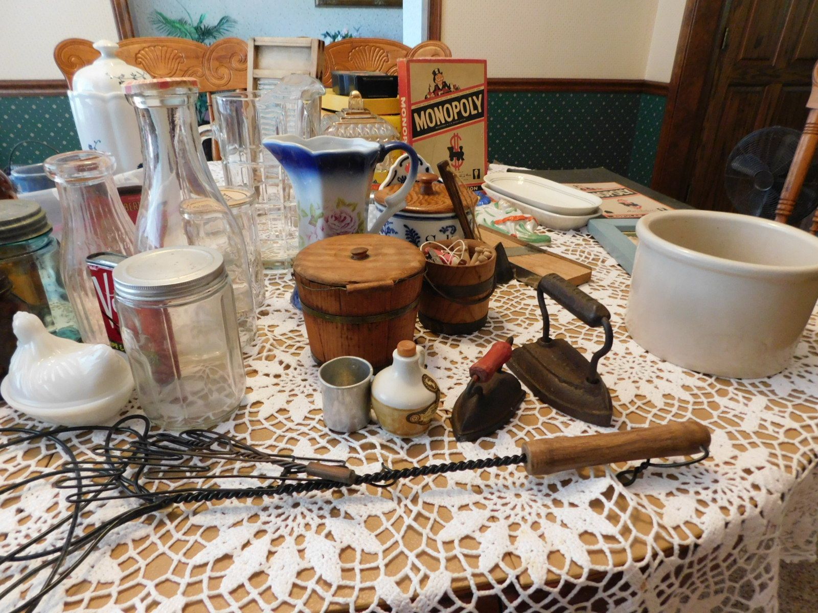 A table with a monopoly box on it