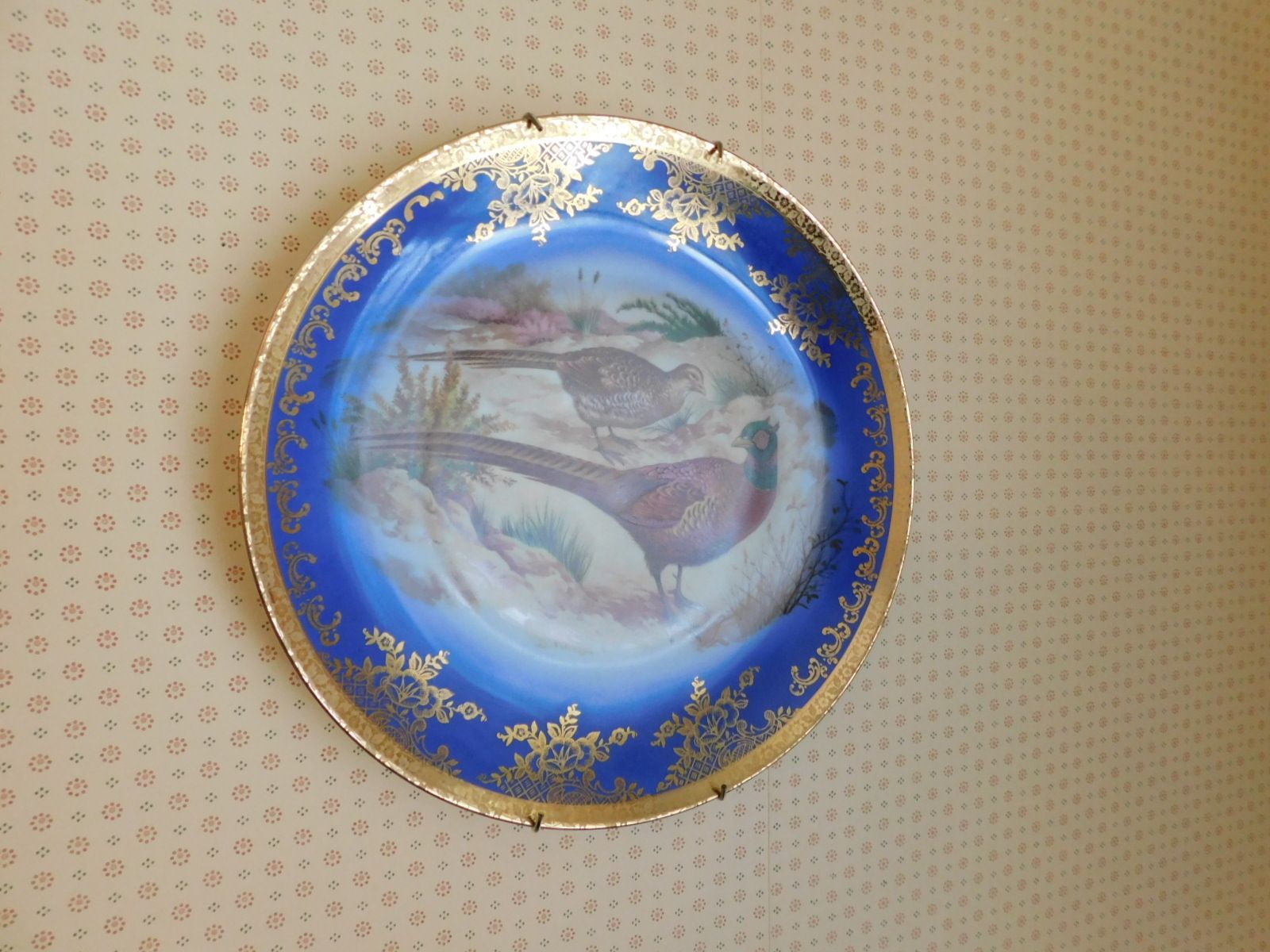 A blue and gold plate with a bird on it