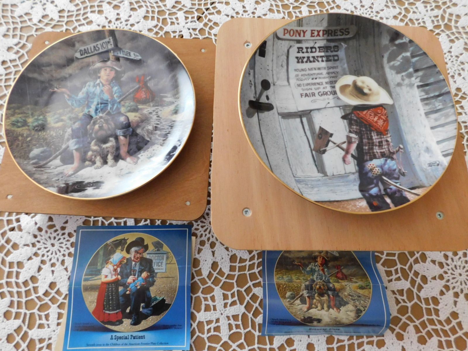 Two plates with cowboys and a sign that says pony express