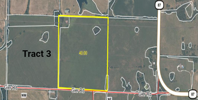 Aerial view of farmland, outlined in yellow, labeled