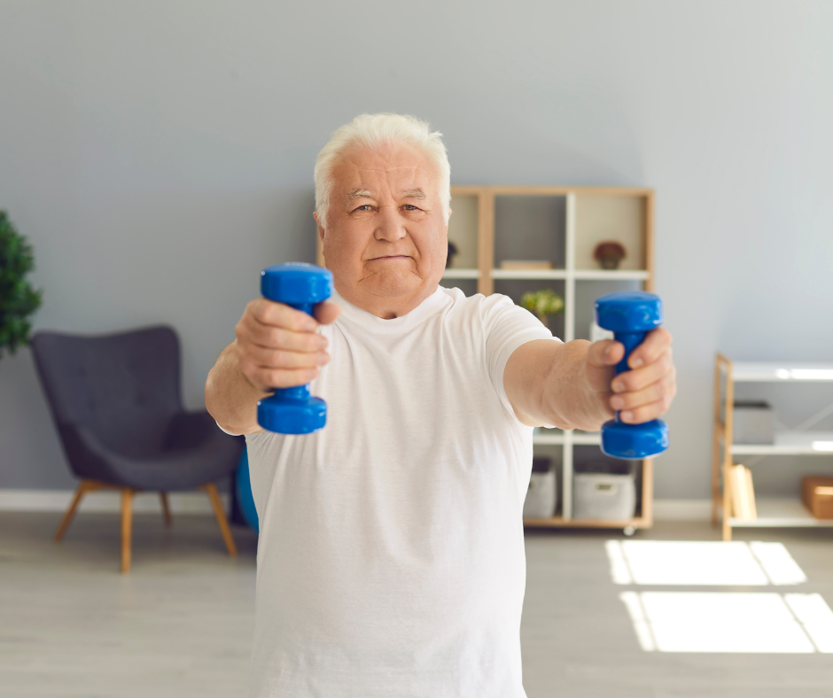 Senior citizen doing light dumbbell exercises during home care routine