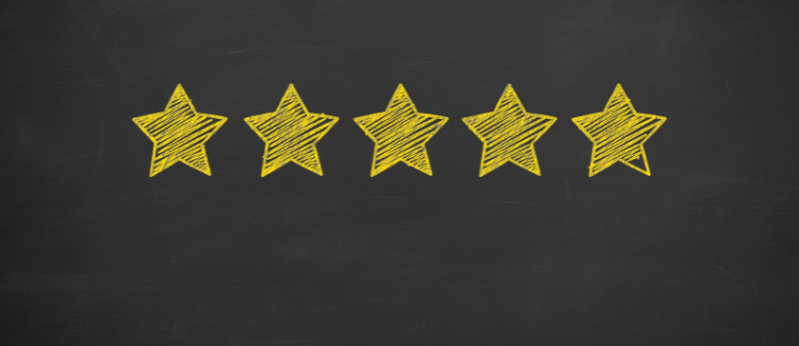 Five gold stars on chalkboard background representing five-star customer testimonials