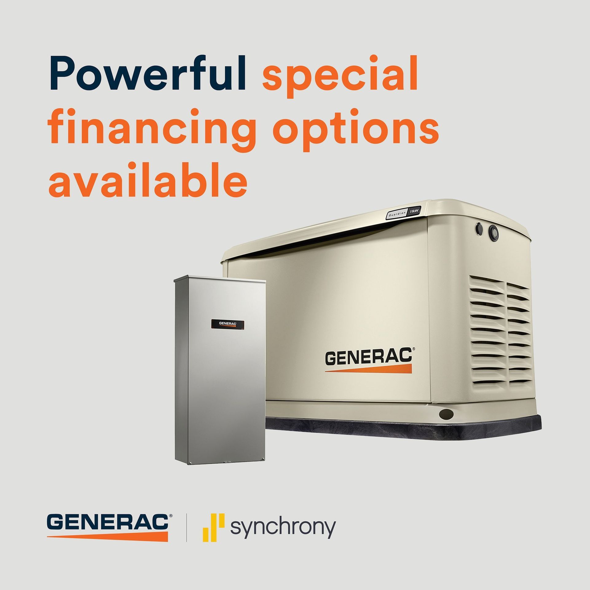Generac generator with special financing offer. Text: Powerful special financing options available.