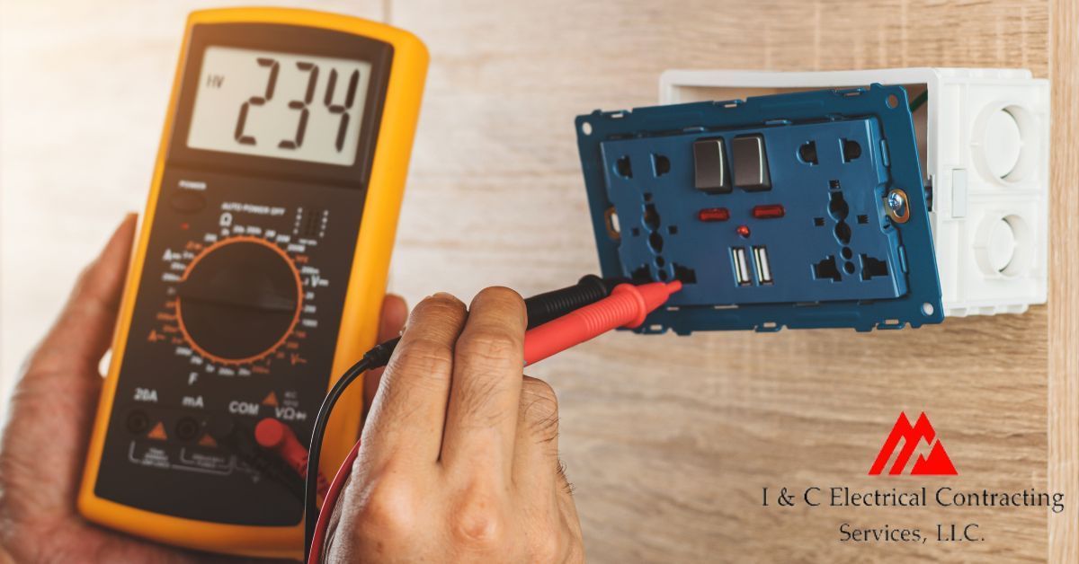 Person using a multimeter to test a wall outlet, reading 234 volts.