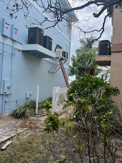 Exterior view of a pale blue building with air conditioning units and a broken palm tree.