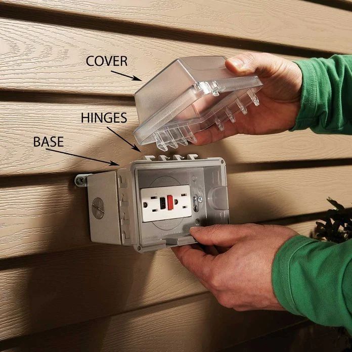 Person opening the cover of a weatherproof electrical outlet. The outlet is mounted on beige siding.