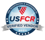 USFCR Verified Vendor badge, blue and red, with US flag outline, text 