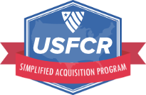 USFCR Simplified Acquisition Program logo: blue hexagon with US map, red banner, and white text.