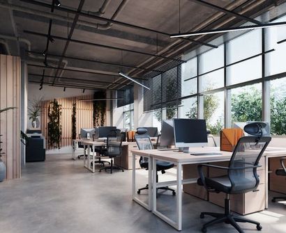 Modern style Office with exposed concrete Floor and a lot of plants