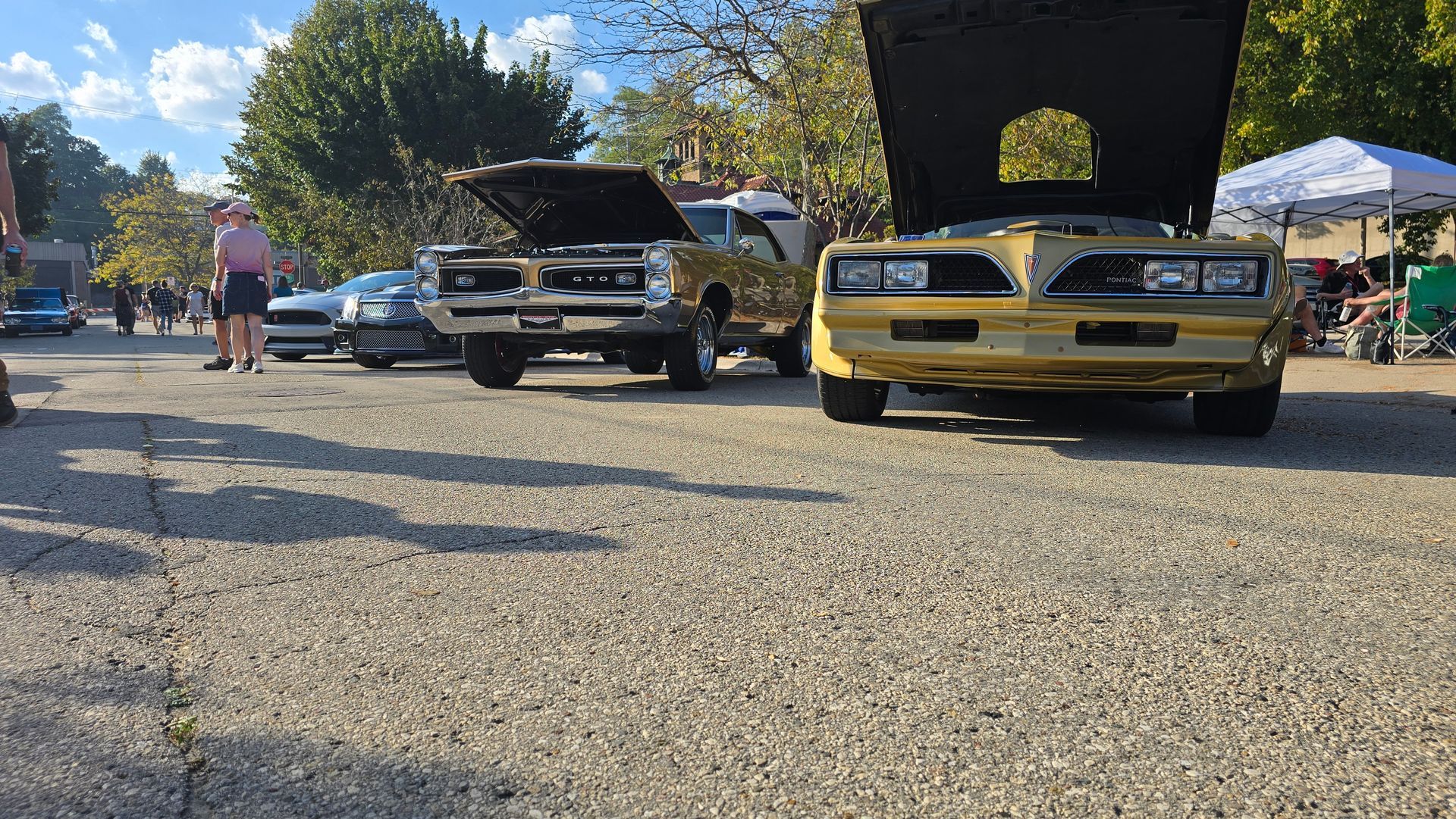 Classic cars displayed at an outdoor car show. Two golden Pontiacs with open hoods are in focus.