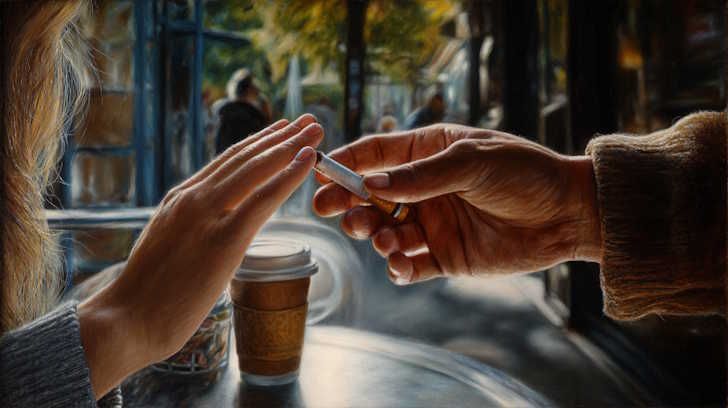 1 person in Oklahoma City pushing away another hand with a cigarette being offered to them symbolizing their quitting smoking thanks to hypnotherapy
