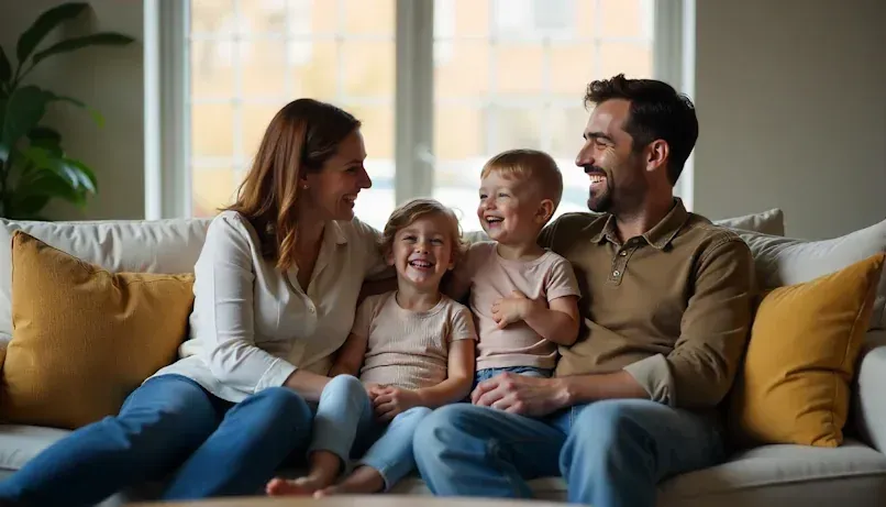 A blended family in an Oklahoma City living room laughing together