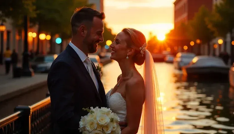 A bride and groom laughing together near the Bricktown Canal - OKC - vibrant sunset backdrop