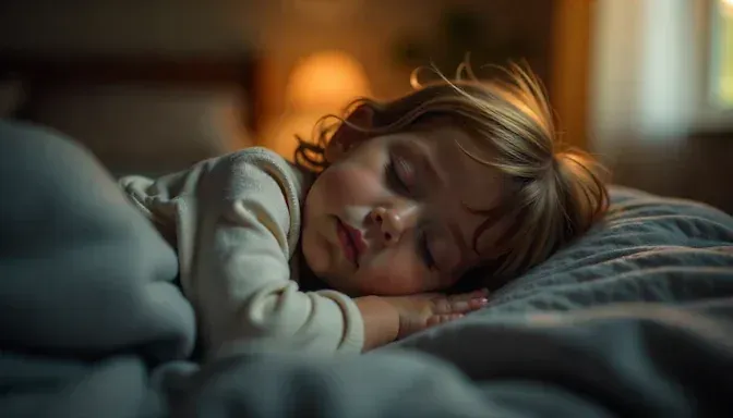 A child peacefully asleep in a cozy OKC bedroom with soft night lighting