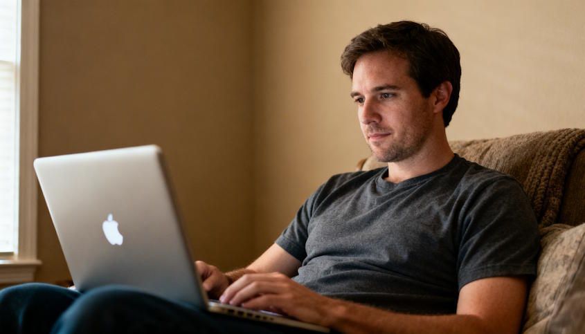 A client in the Oklahoma City metro area getting comfortable at home before a remote hypnosis session getting his laptop ready