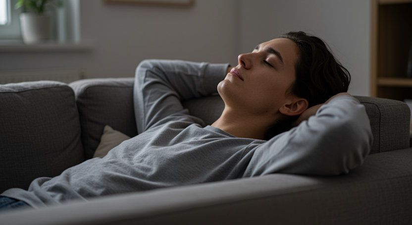 A client laying back relaxed at home after deciding they found the right hypnosis provider laying down
