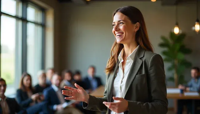 A confident businesswoman smiling as she gives a presentation in an Oklahoma City office